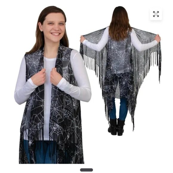 Halloween Spiderweb Fringe Vest  Shawl Festive Costume Black Silver - Picture 2 of 7